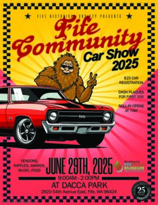 2025 Fife Community Car Show poster with Sasquatch and Classic Chevy Nova