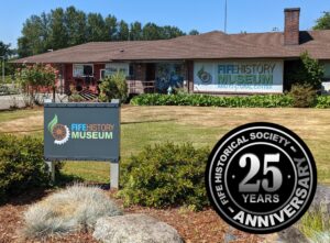 Photo of the Fife History Museum building with 25th Anniversary badge
